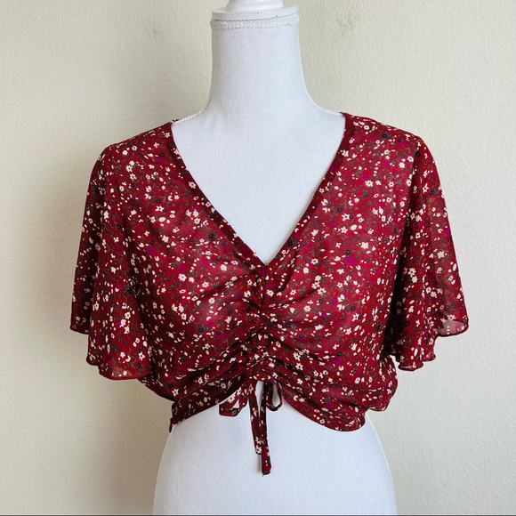 NWOT Red Floral Cinched Tie Blouse - Picture 10 of 12